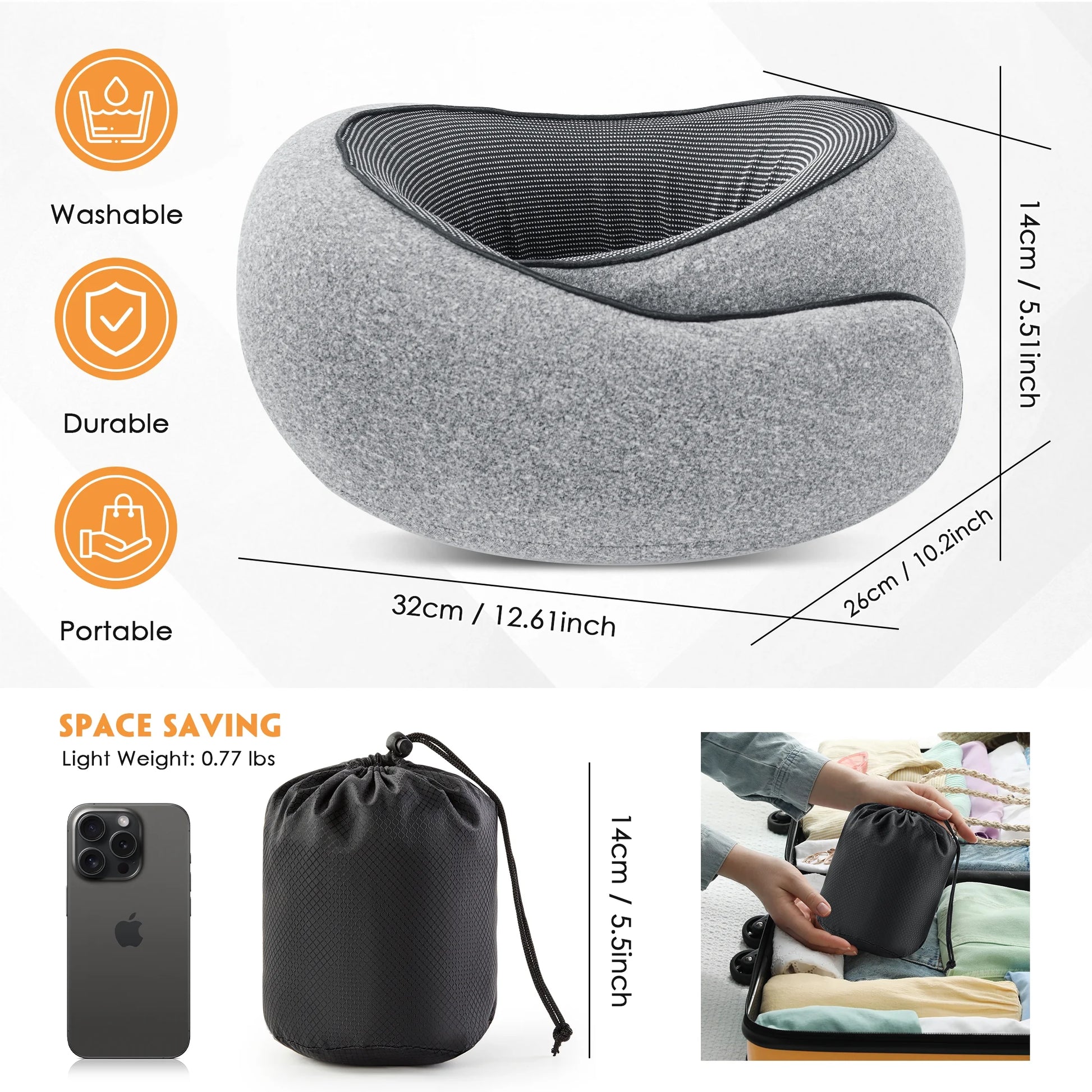 Travel Pillows for Airplanes, Travel Neck Pillow Travel Pillow, 360° Support Memory Foam Travel Pillow with 3D Contoured Eye Mask, Earplugs and Storage Bag for Airplanes Offices, Cars, Gray