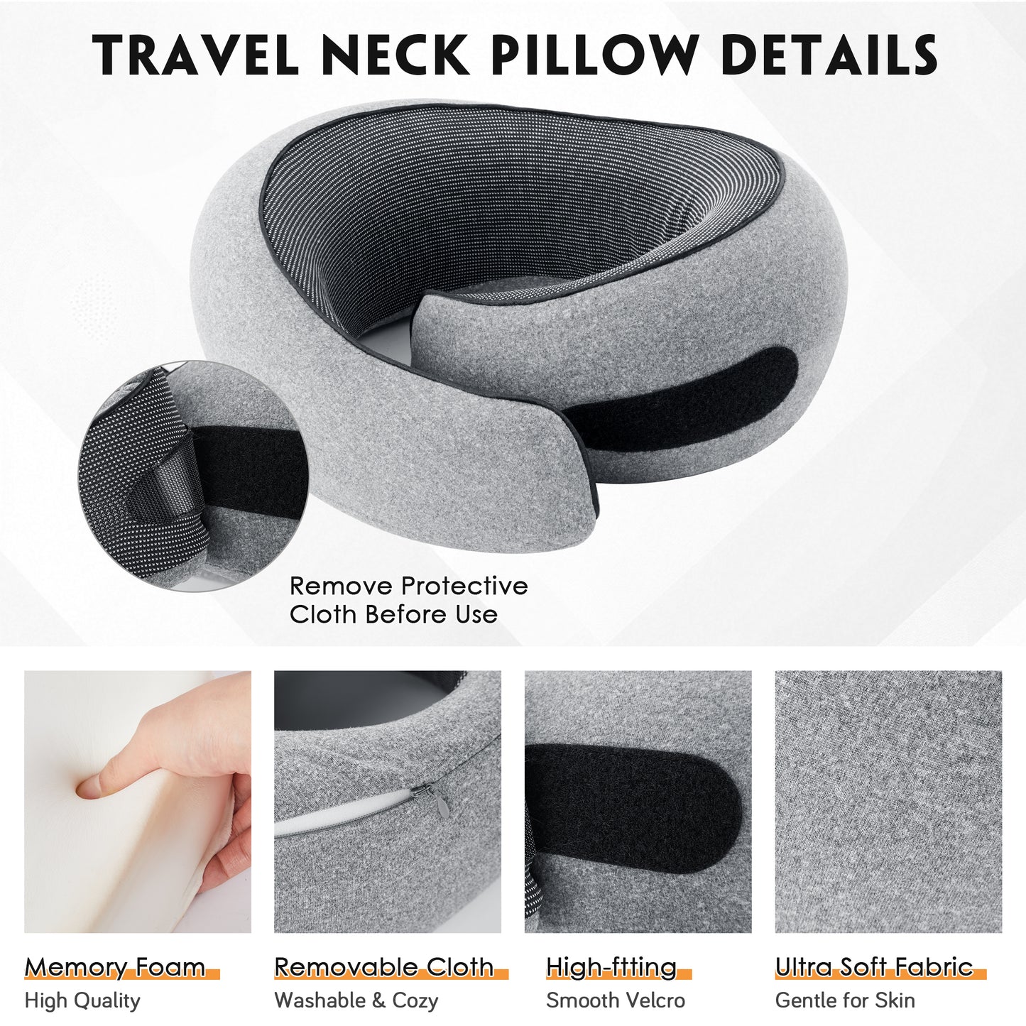 Travel Pillows for Airplanes, Travel Neck Pillow Travel Pillow, 360° Support Memory Foam Travel Pillow with 3D Contoured Eye Mask, Earplugs and Storage Bag for Airplanes Offices, Cars, Gray