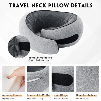Travel Pillows for Airplanes, Travel Neck Pillow Travel Pillow, 360° Support Memory Foam Travel Pillow with 3D Contoured Eye Mask, Earplugs and Storage Bag for Airplanes Offices, Cars, Gray